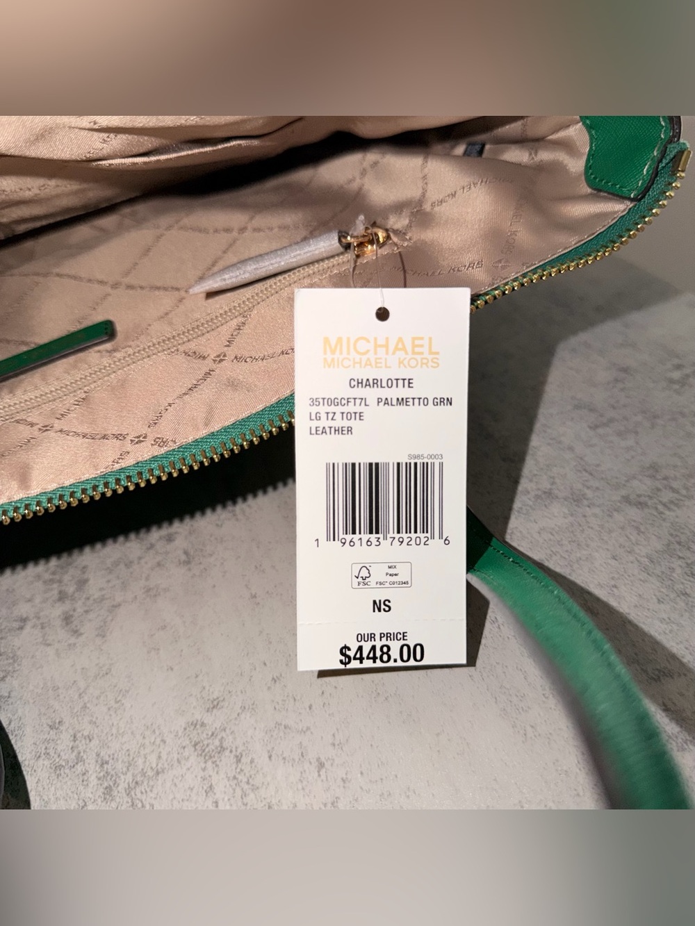 Michael Kors Charlotte Large Leather Top-Zip Tote Bag in Palmetto Green - Picture 6 of 7